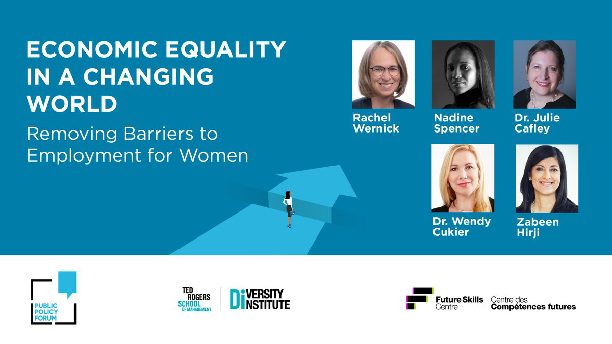 Graphic advertising "Economic Equality in a Changing World: Removing Barriers to Employment for Women" with portraits of webinar speakers Rachel Wernick, Nadine Spencer, Dr. Julie Cafley, Dr. Wendy Cukier, and Zabeen Hirji